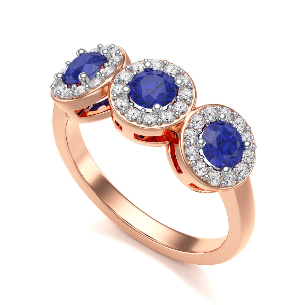 Diamond Halo Round Shape 3 Blue Sapphires Ring in 18ct Gold and Platinum - Image 10