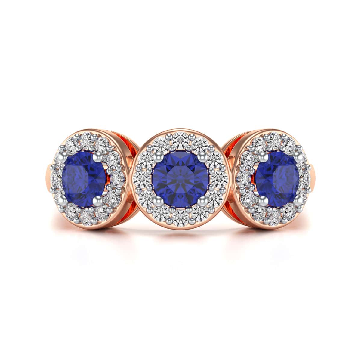 Diamond Halo Round Shape 3 Blue Sapphires Ring in 18ct Gold and Platinum - Image 11