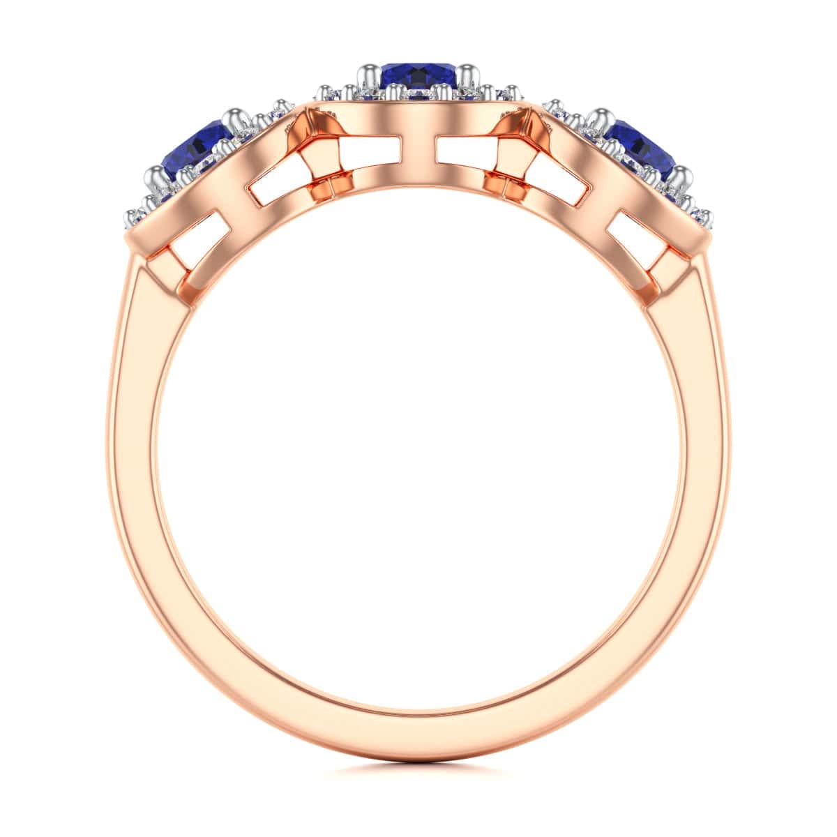 Diamond Halo Round Shape 3 Blue Sapphires Ring in 18ct Gold and Platinum - Image 12