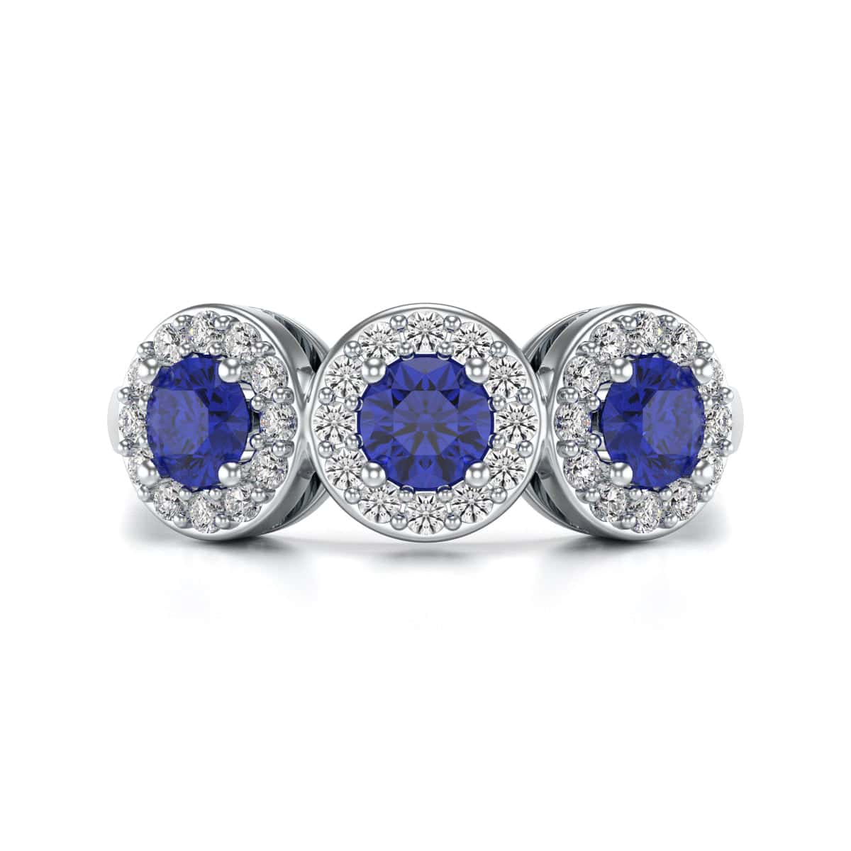 Diamond Halo Round Shape 3 Blue Sapphires Ring in 18ct Gold and Platinum - Image 3