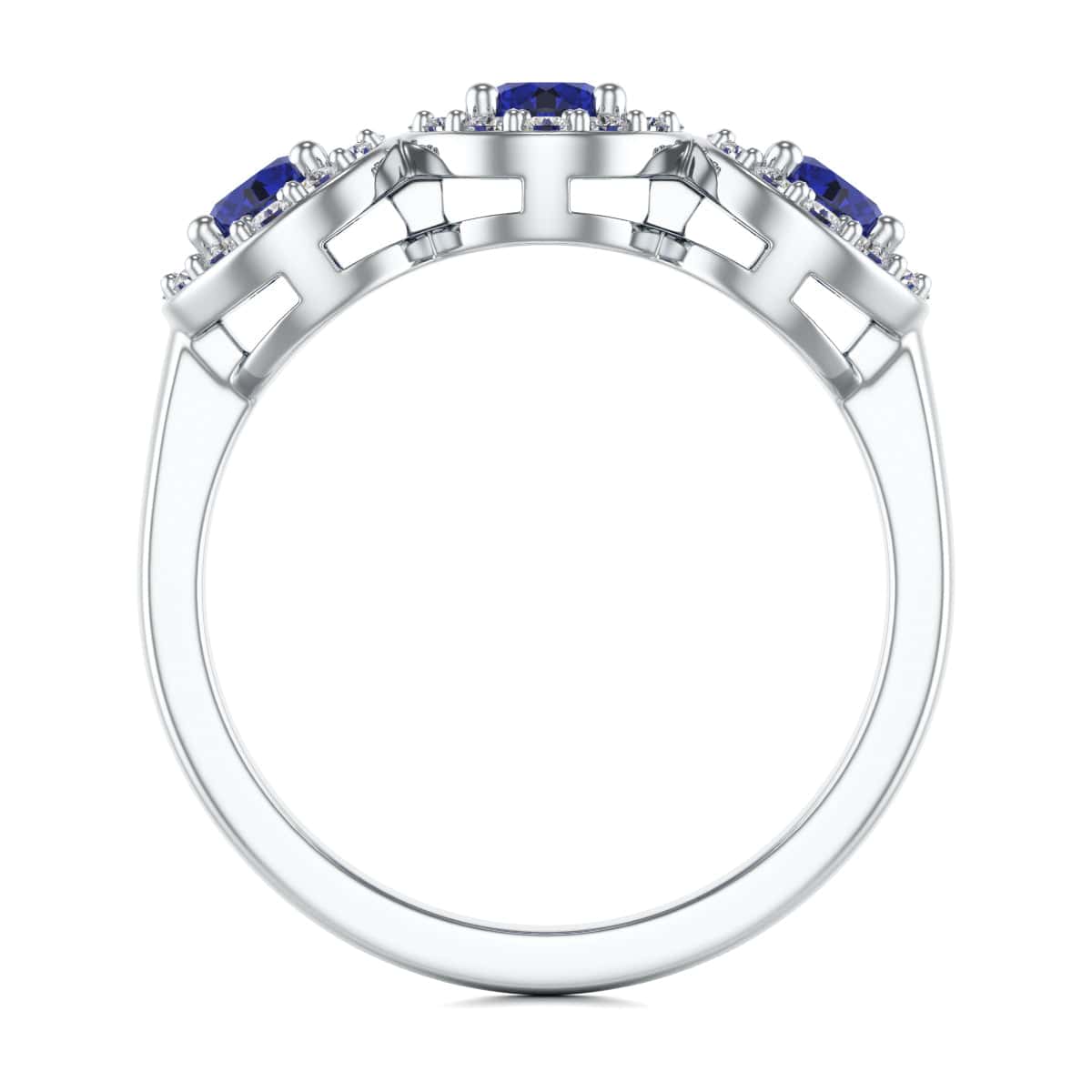 Diamond Halo Round Shape 3 Blue Sapphires Ring in 18ct Gold and Platinum - Image 4