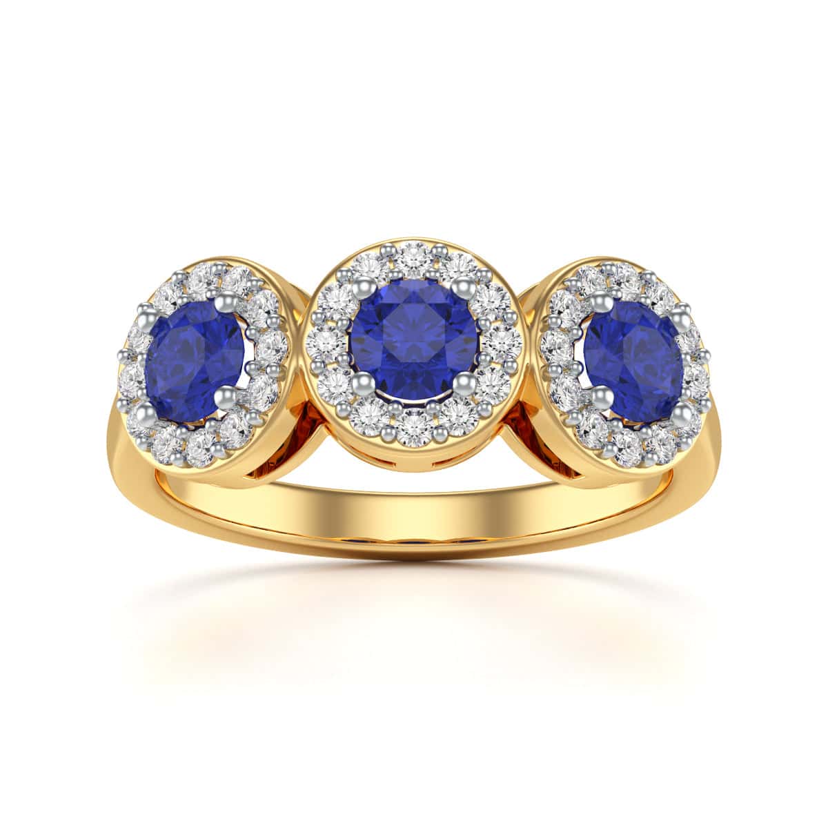 Diamond Halo Round Shape 3 Blue Sapphires Ring in 18ct Gold and Platinum - Image 6