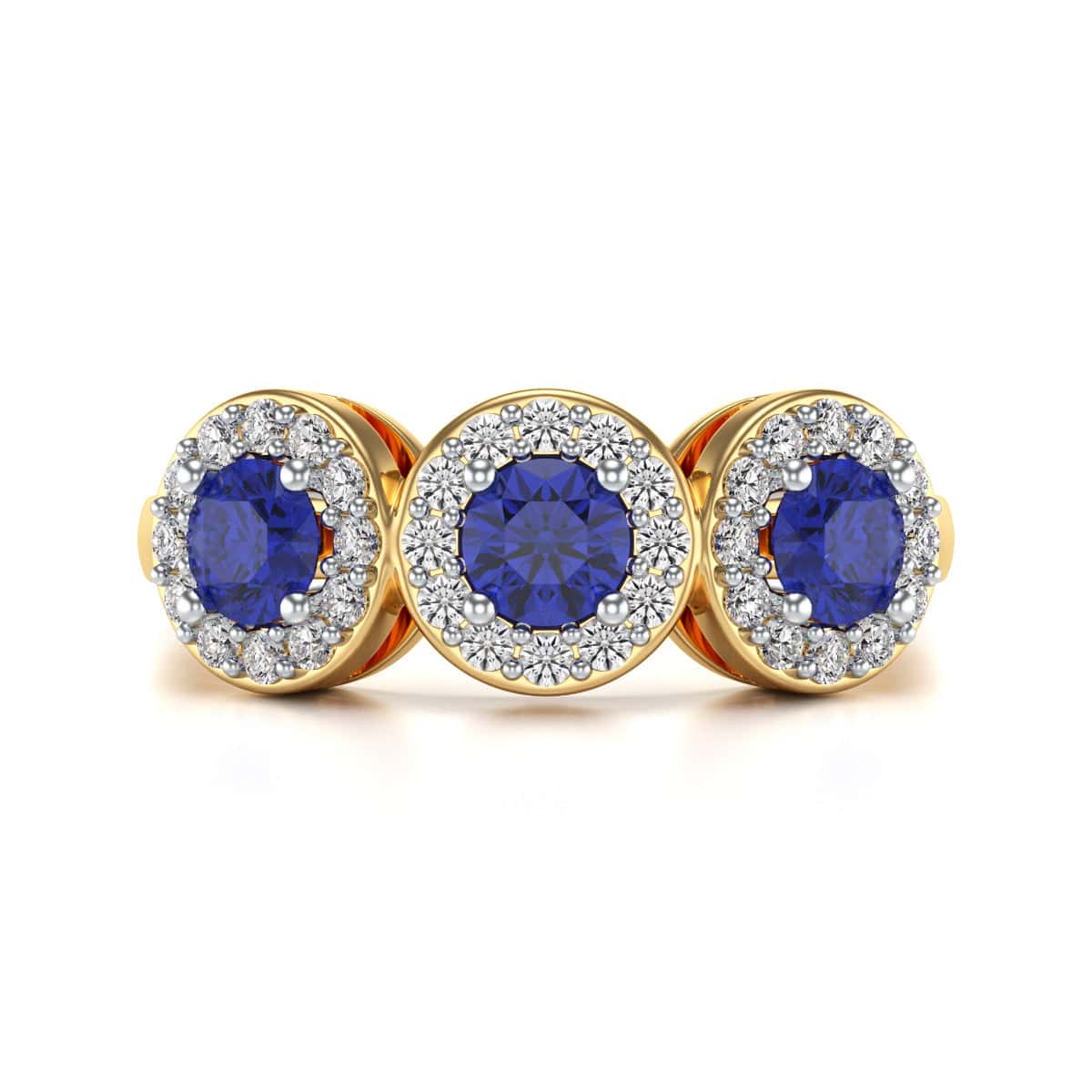 Diamond Halo Round Shape 3 Blue Sapphires Ring in 18ct Gold and Platinum - Image 7