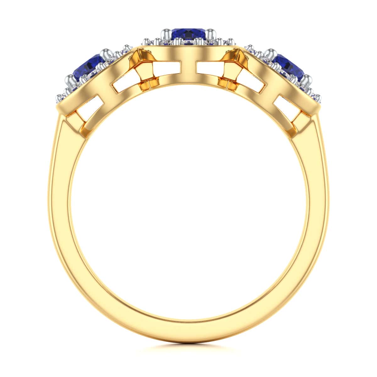 Diamond Halo Round Shape 3 Blue Sapphires Ring in 18ct Gold and Platinum - Image 8