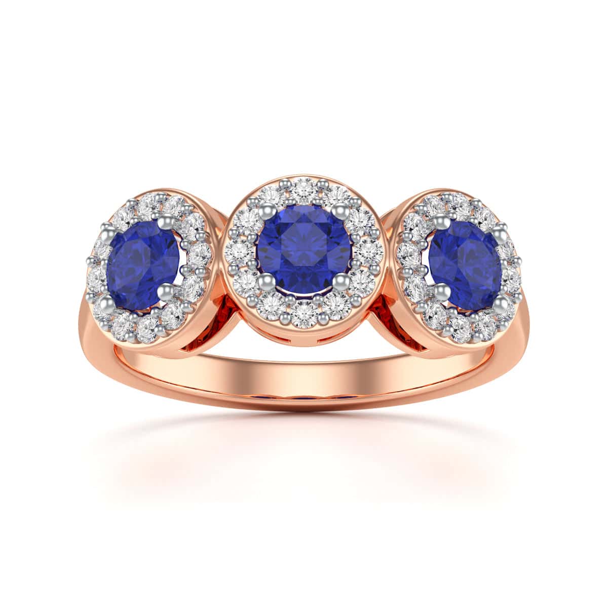 Diamond Halo Round Shape 3 Blue Sapphires Ring in 18ct Gold and Platinum - Image 9