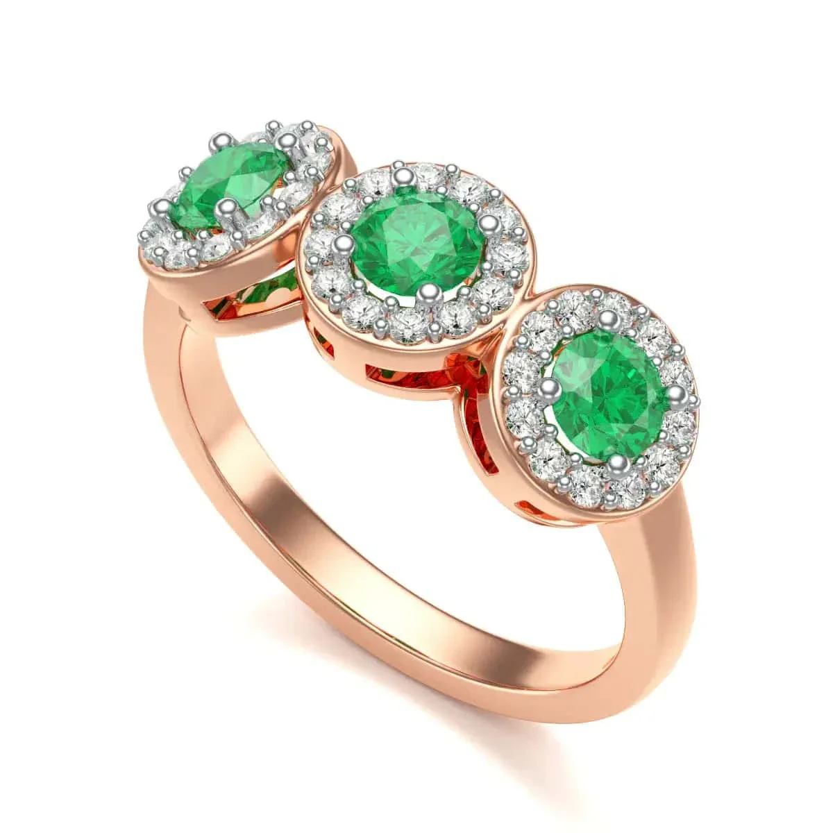 Diamond Halo Round Shape 3 Emeralds Ring in 18ct Gold and Platinum - Image 10