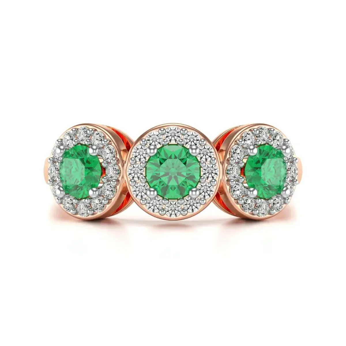 Diamond Halo Round Shape 3 Emeralds Ring in 18ct Gold and Platinum - Image 11