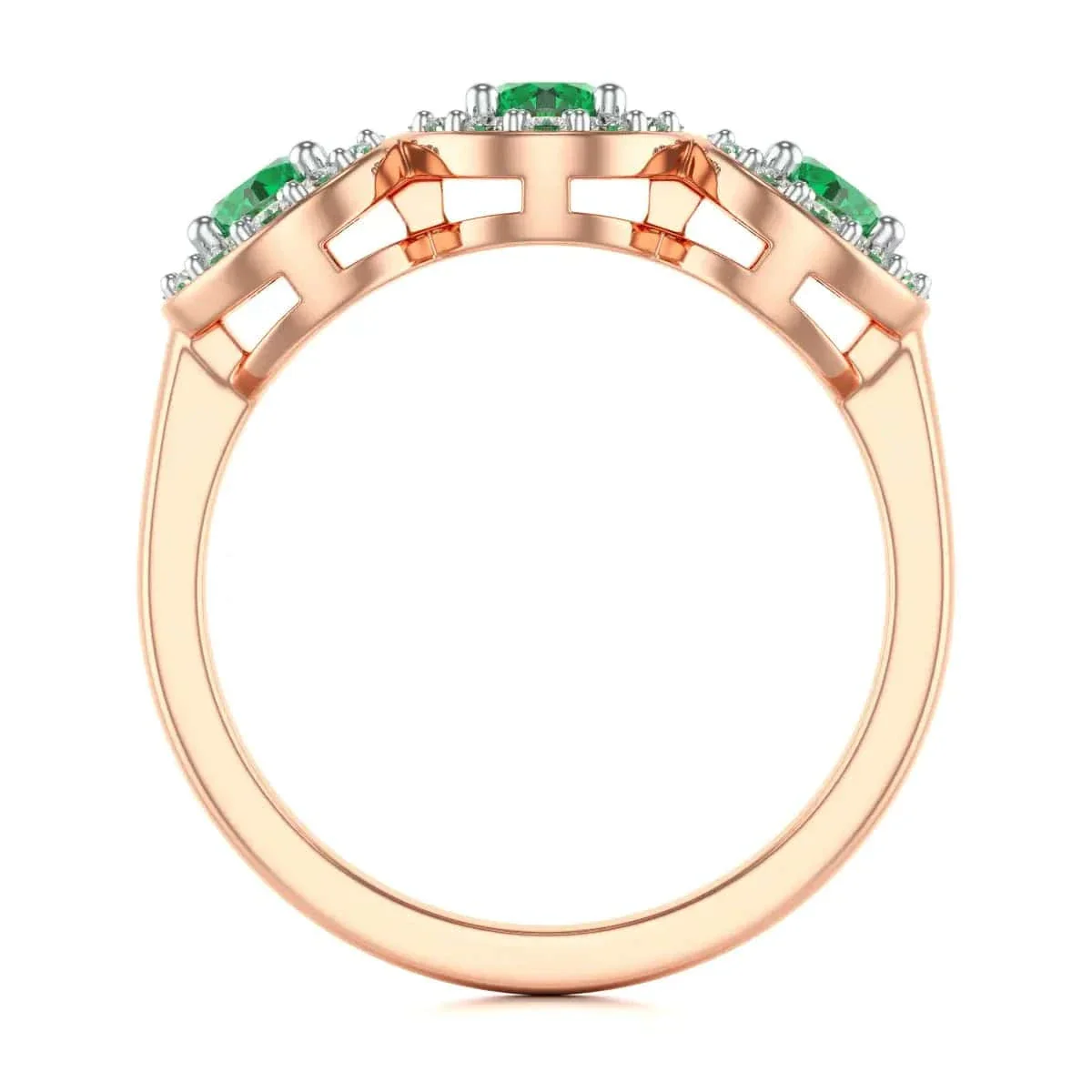 Diamond Halo Round Shape 3 Emeralds Ring in 18ct Gold and Platinum - Image 12