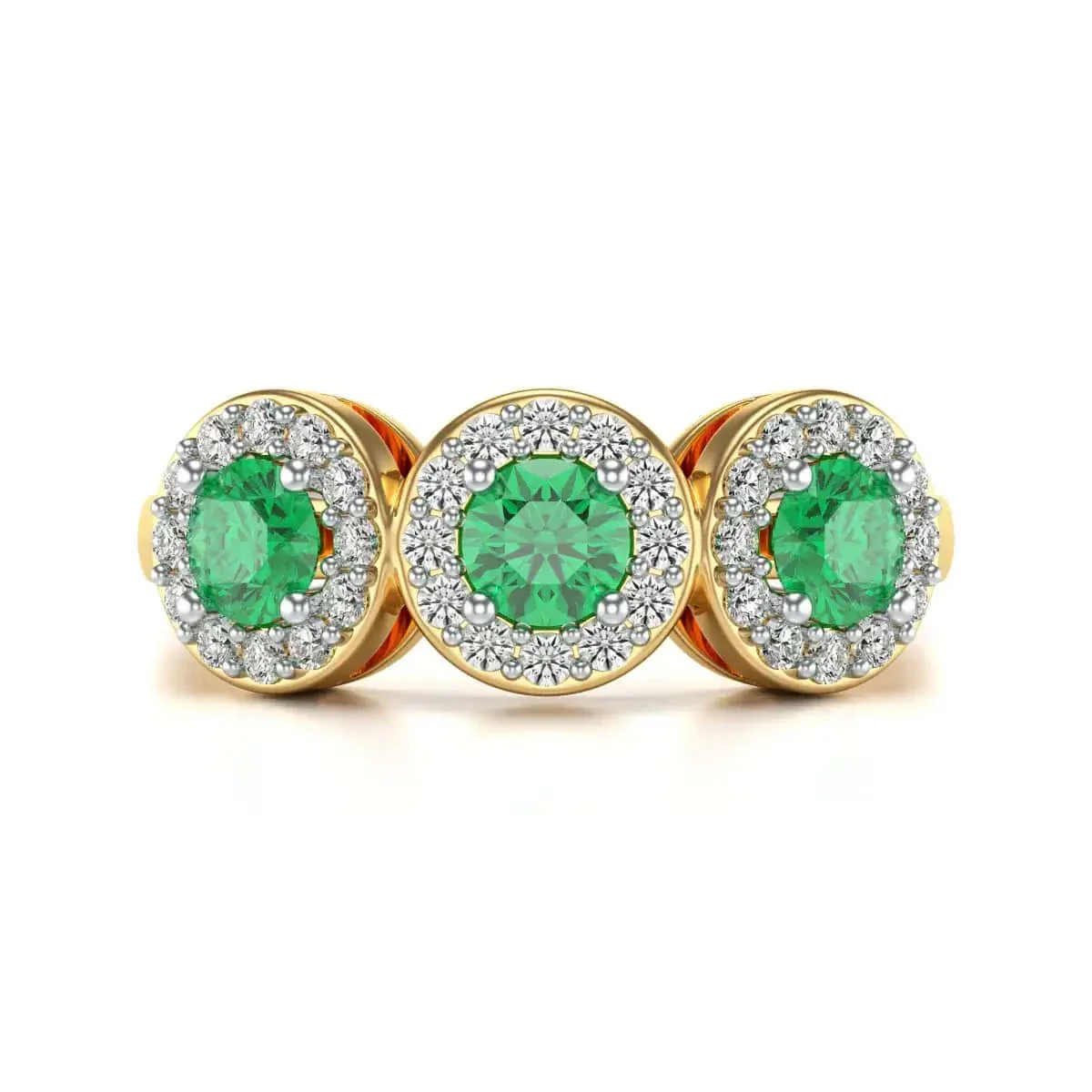 Diamond Halo Round Shape 3 Emeralds Ring in 18ct Gold and Platinum - Image 3
