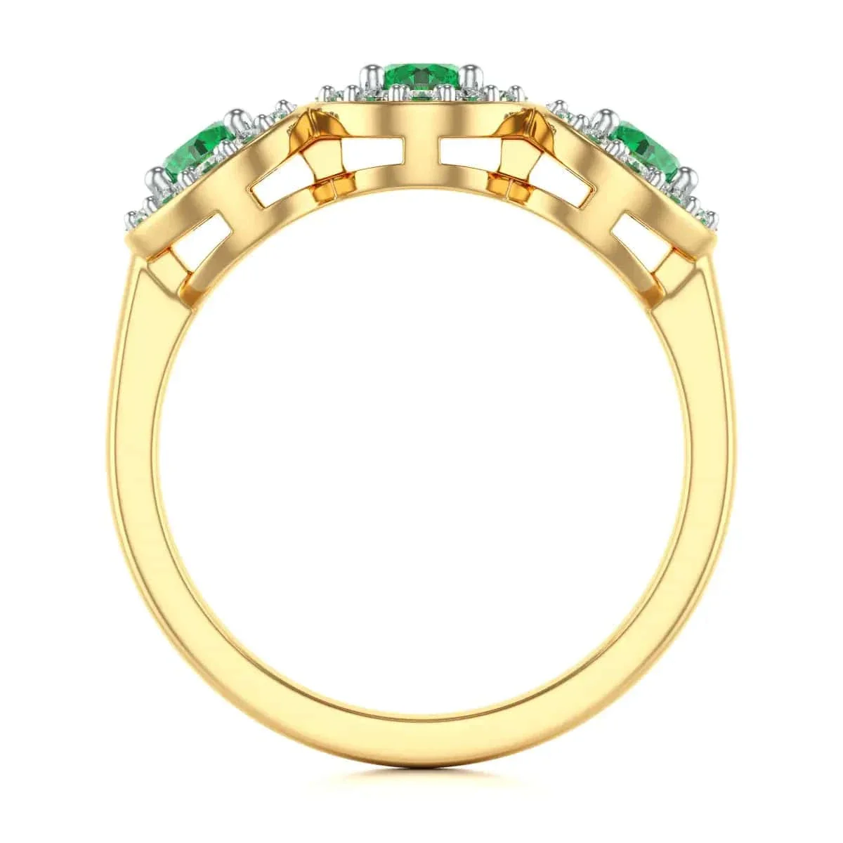 Diamond Halo Round Shape 3 Emeralds Ring in 18ct Gold and Platinum - Image 4