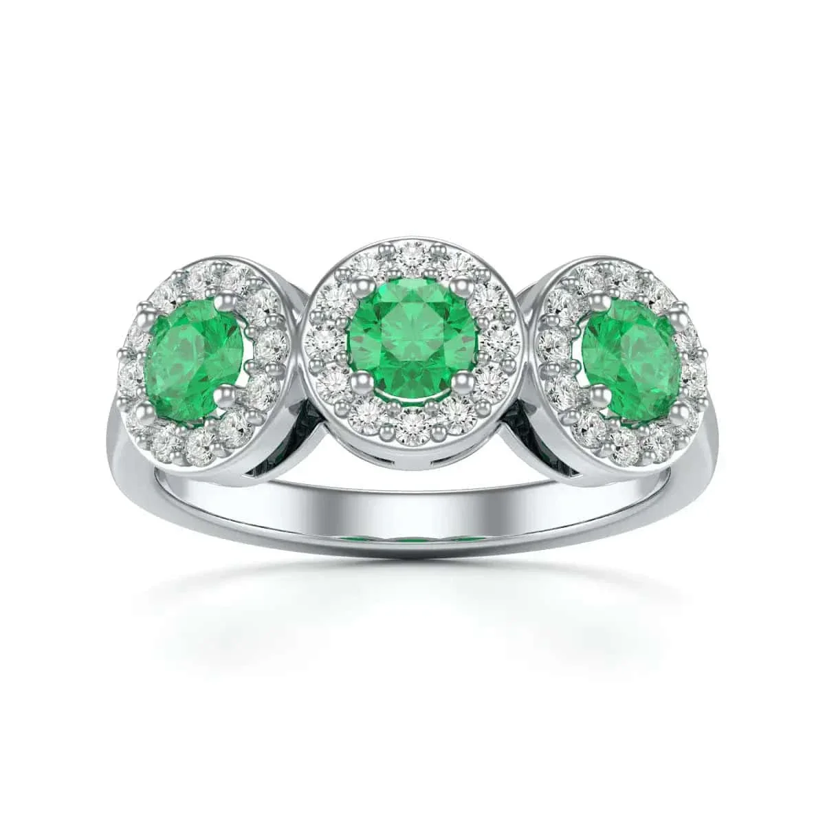 Diamond Halo Round Shape 3 Emeralds Ring in 18ct Gold and Platinum - Image 5