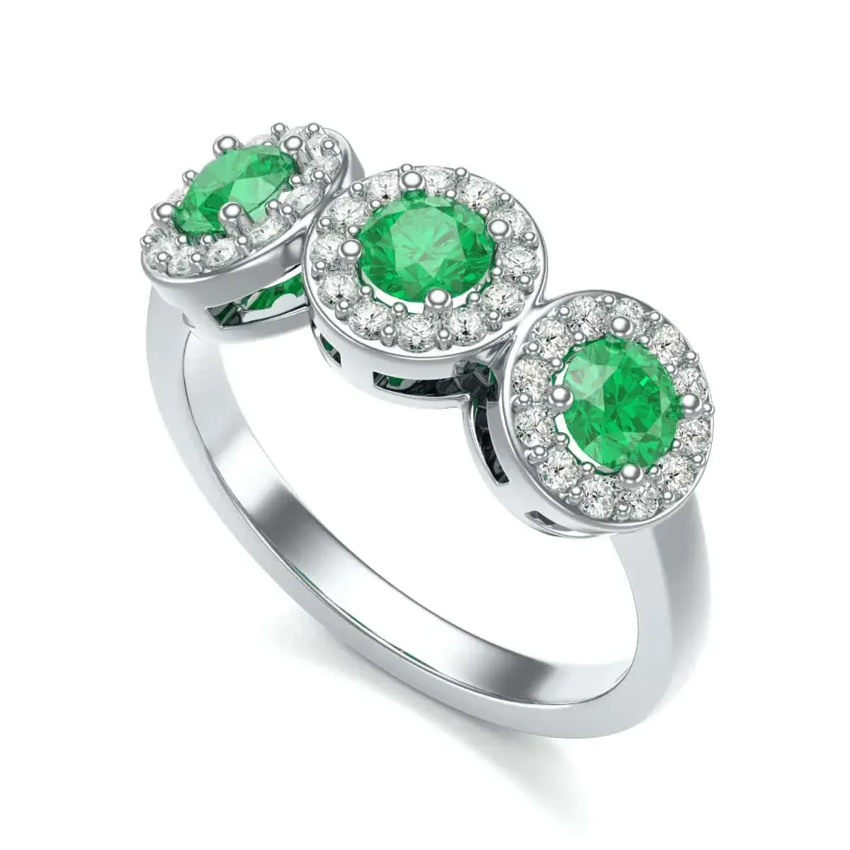 Diamond Halo Round Shape 3 Emeralds Ring in 18ct Gold and Platinum - Image 6