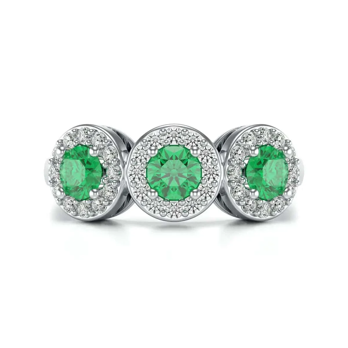 Diamond Halo Round Shape 3 Emeralds Ring in 18ct Gold and Platinum - Image 7