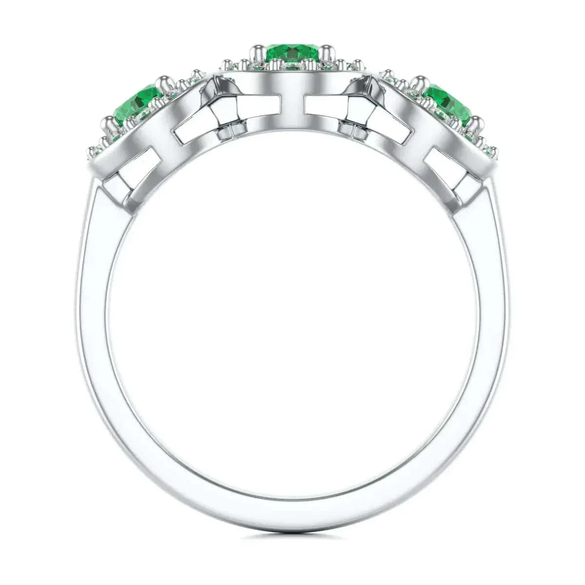 Diamond Halo Round Shape 3 Emeralds Ring in 18ct Gold and Platinum - Image 8