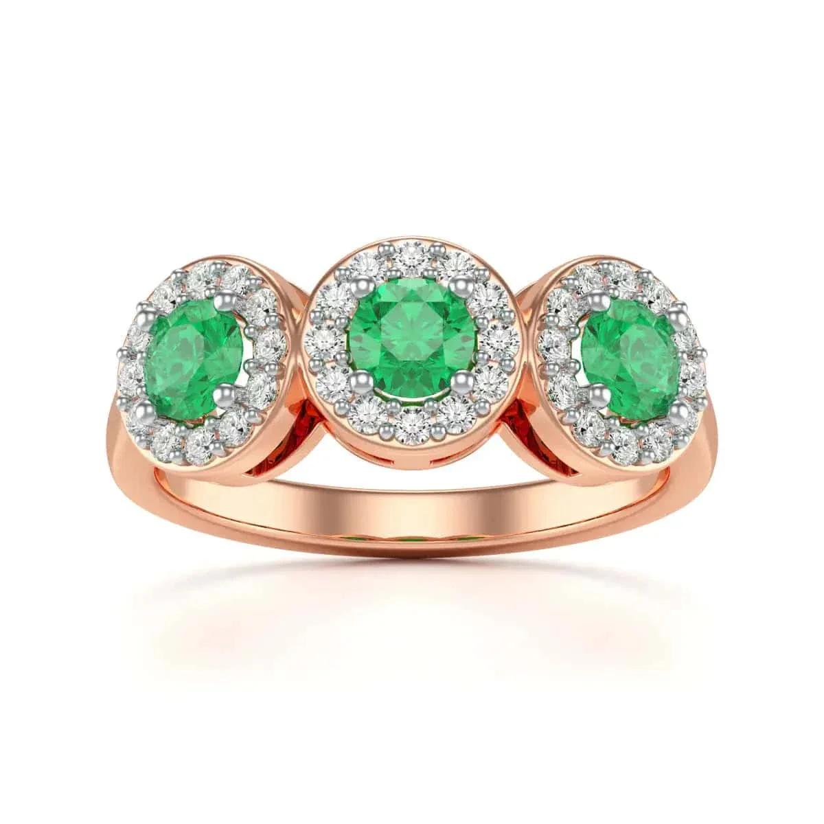 Diamond Halo Round Shape 3 Emeralds Ring in 18ct Gold and Platinum - Image 9