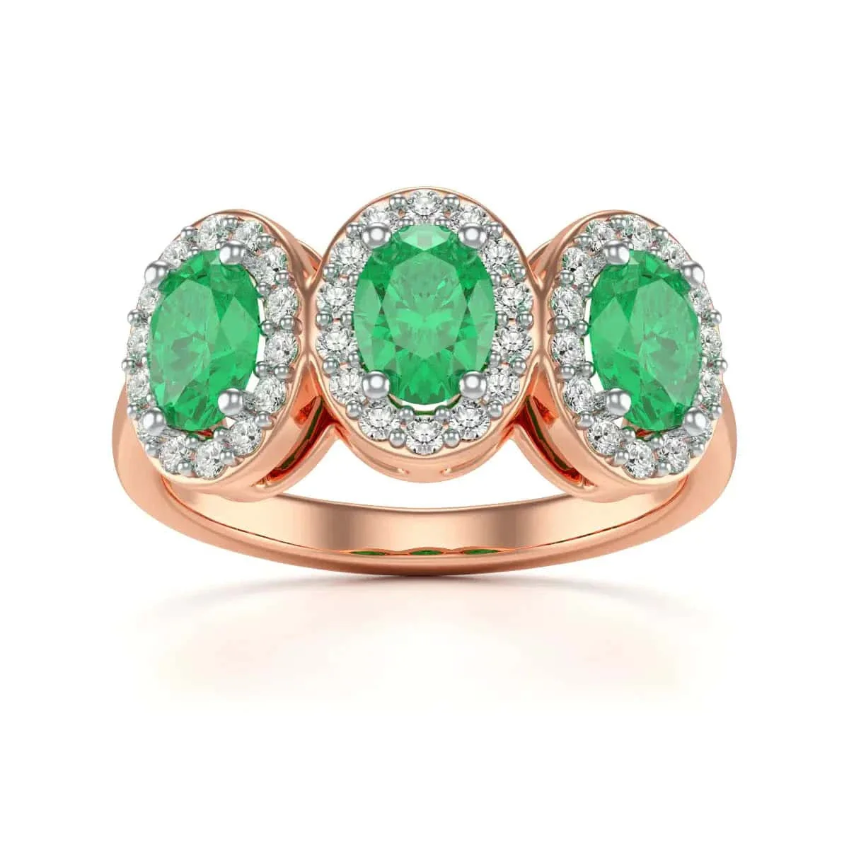 Diamond Halo Oval Shape 3 Emeralds  Ring in 18ct Gold and Platinum - Image 10