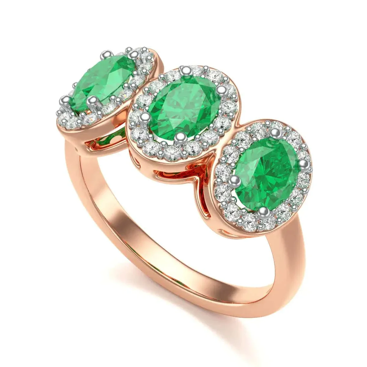 Diamond Halo Oval Shape 3 Emeralds  Ring in 18ct Gold and Platinum - Image 11