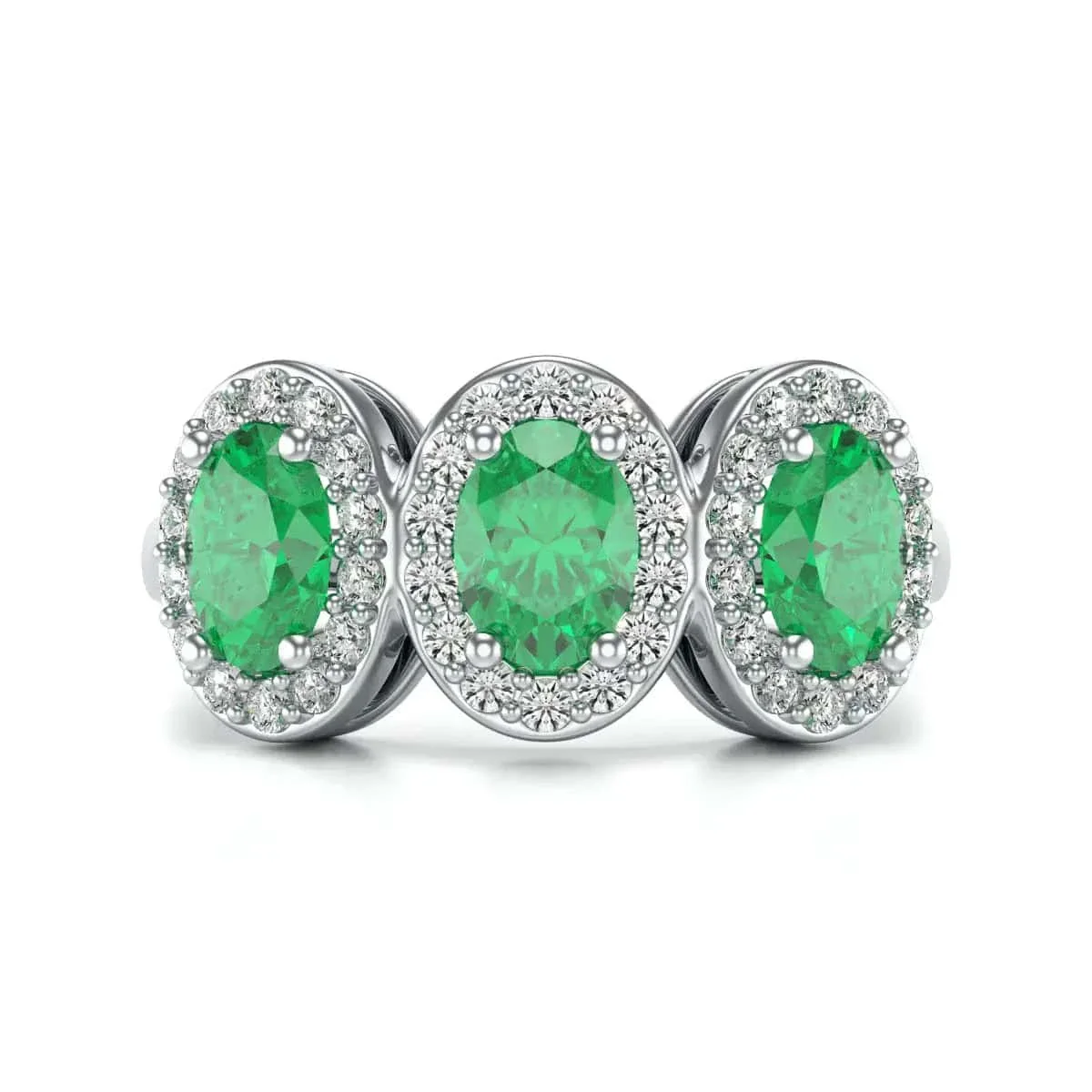 Diamond Halo Oval Shape 3 Emeralds  Ring in 18ct Gold and Platinum - Image 3