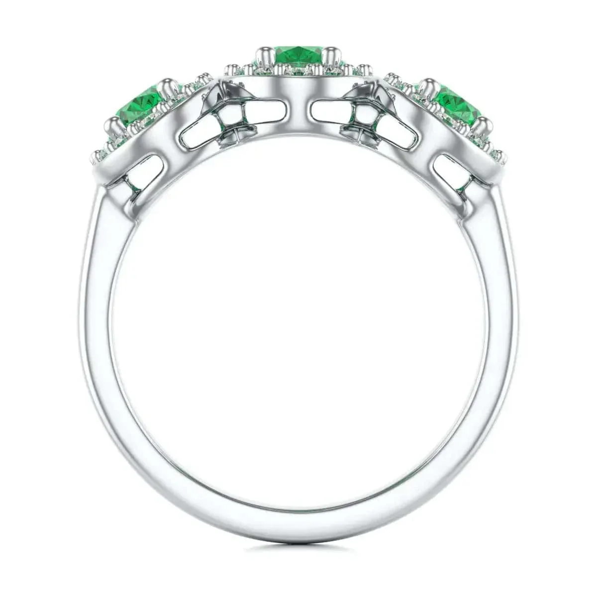 Diamond Halo Oval Shape 3 Emeralds  Ring in 18ct Gold and Platinum - Image 4