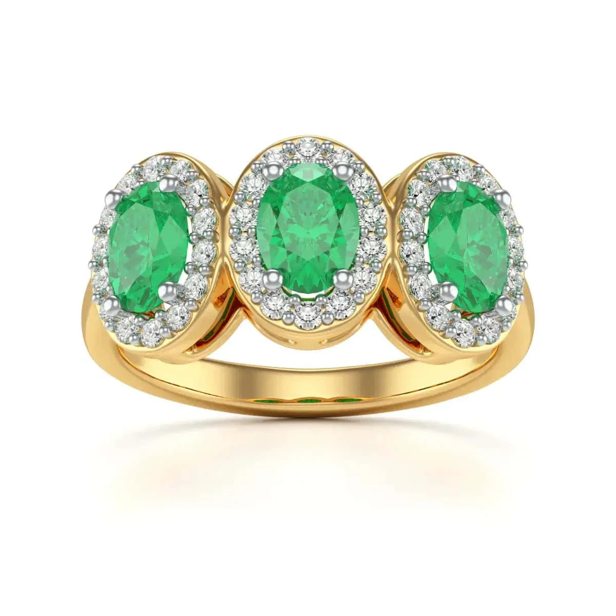 Diamond Halo Oval Shape 3 Emeralds  Ring in 18ct Gold and Platinum - Image 5