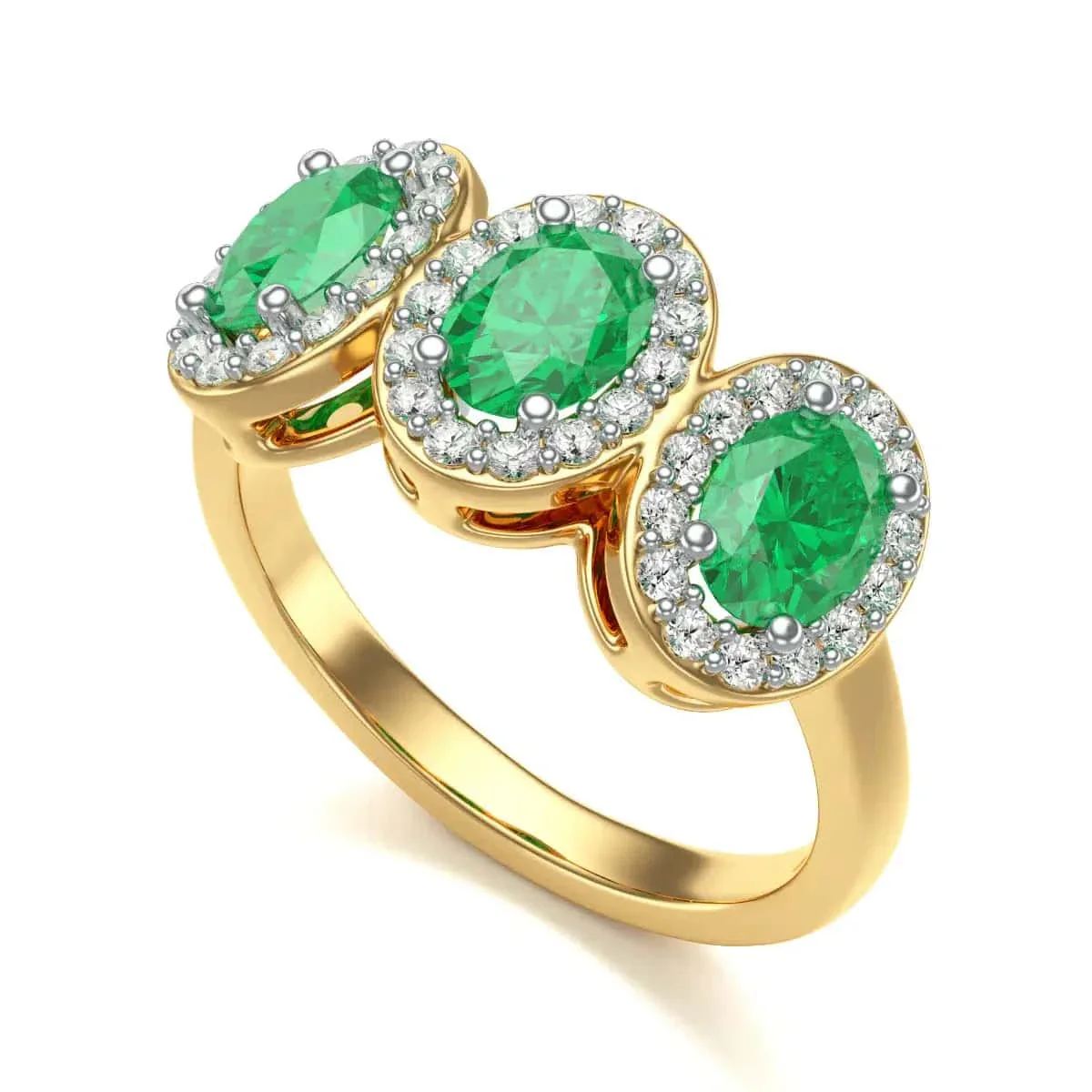 Diamond Halo Oval Shape 3 Emeralds  Ring in 18ct Gold and Platinum - Image 6