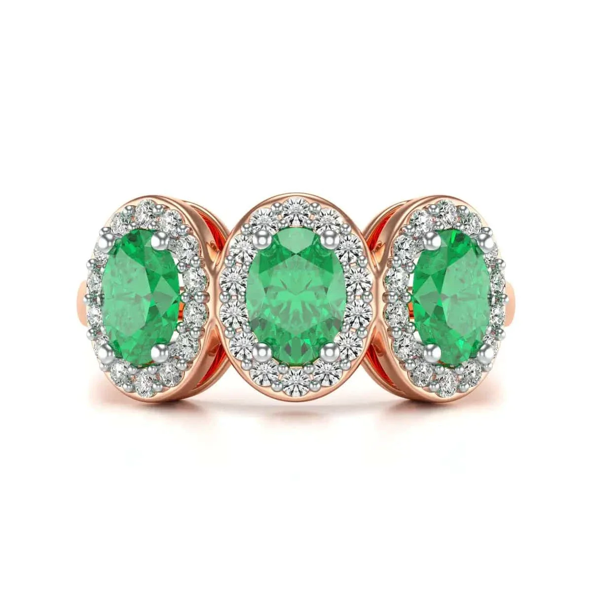 Diamond Halo Oval Shape 3 Emeralds  Ring in 18ct Gold and Platinum - Image 7