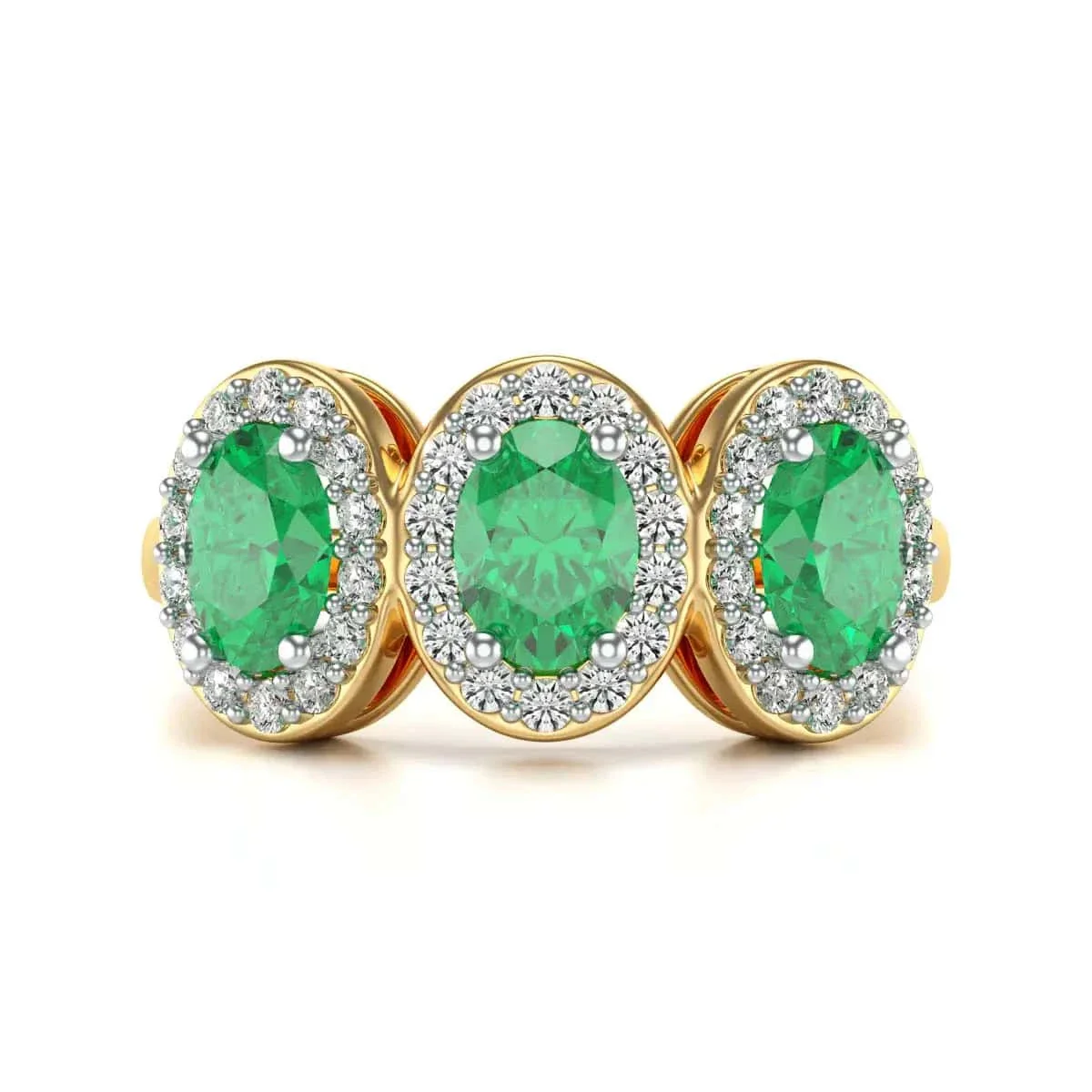 Diamond Halo Oval Shape 3 Emeralds  Ring in 18ct Gold and Platinum - Image 8