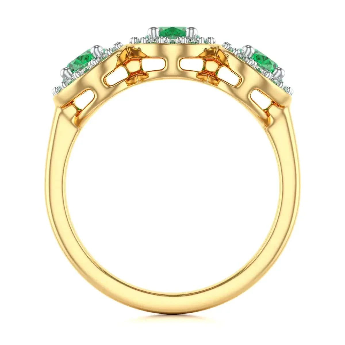 Diamond Halo Oval Shape 3 Emeralds  Ring in 18ct Gold and Platinum - Image 9