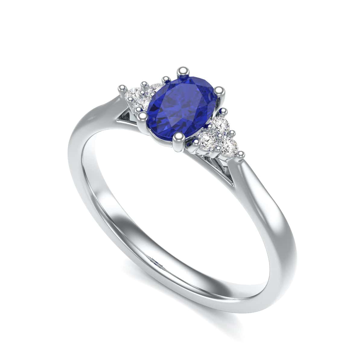 Oval Shape Blue Sapphire Trefoil Diamond Engagement Ring in 18ct Gold and Platinum - Image 3