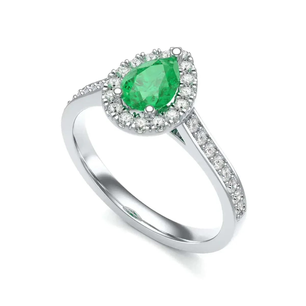 Pear Shape Diamond Halo Emerald Engagement Ring with Diamond Shoulders - Image 6