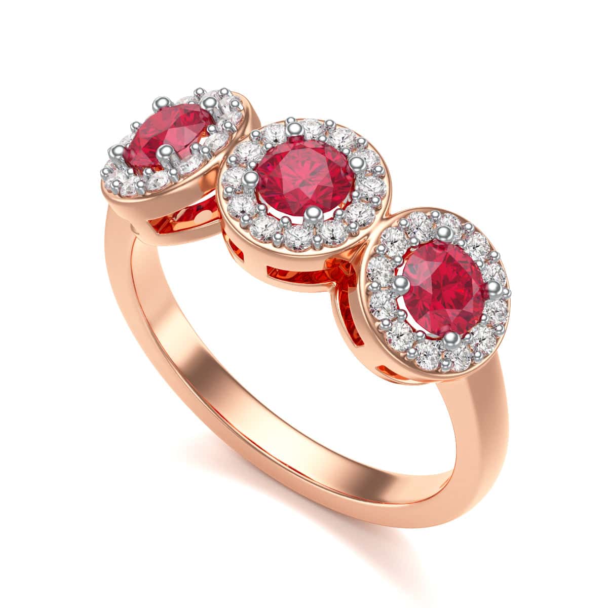 18ct Gold  Diamond Halo 3 Rubies Engagement Ring - Round Emarald - Image 10