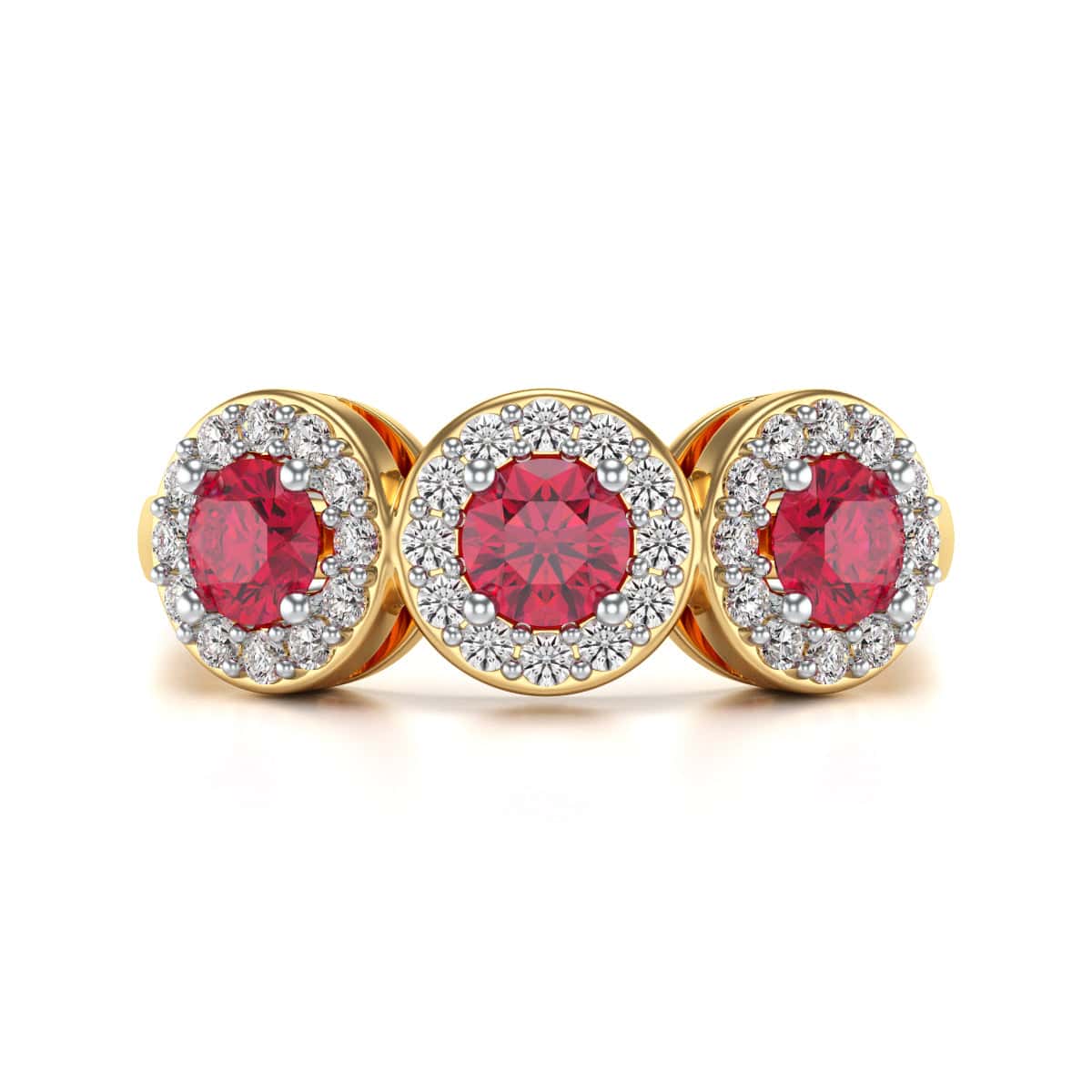 18ct Gold  Diamond Halo 3 Rubies Engagement Ring - Round Emarald - Image 3