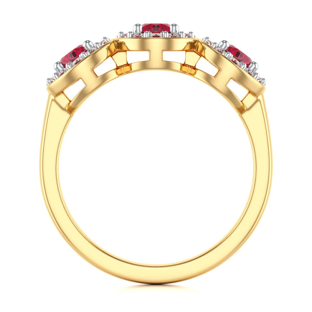 18ct Gold  Diamond Halo 3 Rubies Engagement Ring - Round Emarald - Image 4