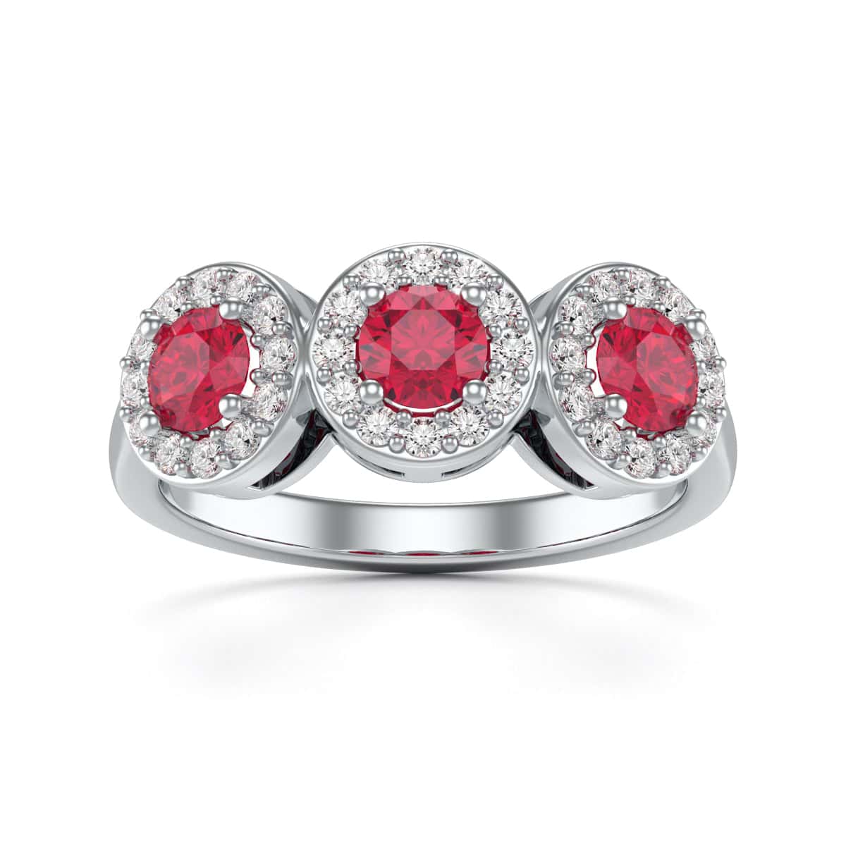 18ct Gold  Diamond Halo 3 Rubies Engagement Ring - Round Emarald - Image 5