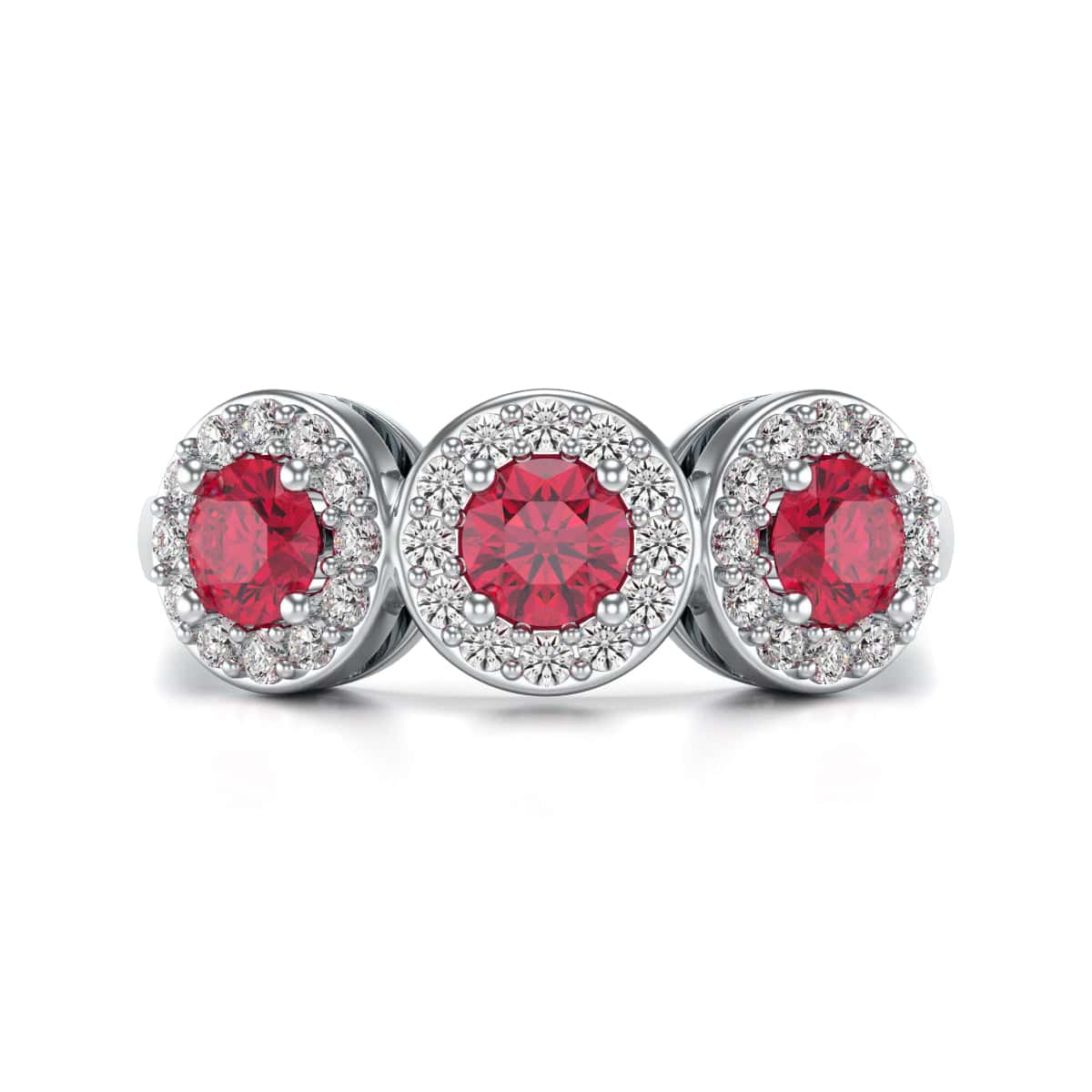 18ct Gold  Diamond Halo 3 Rubies Engagement Ring - Round Emarald - Image 7