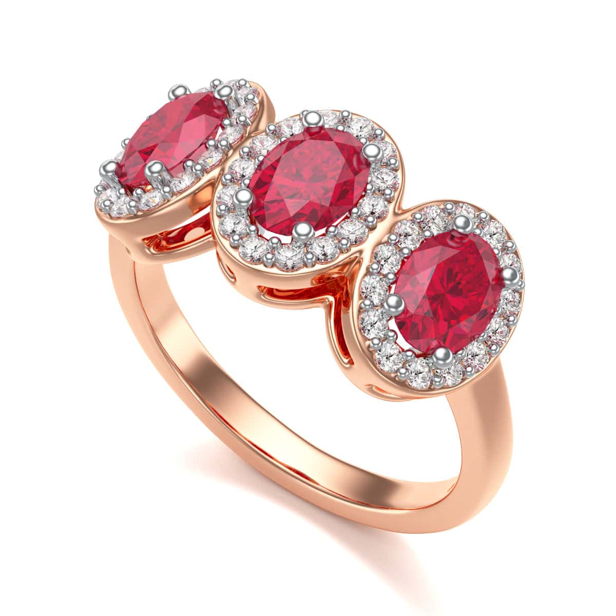 18ct Gold  Diamond Halo 3 Rubies Engagement Ring - Oval Shape - Image 11