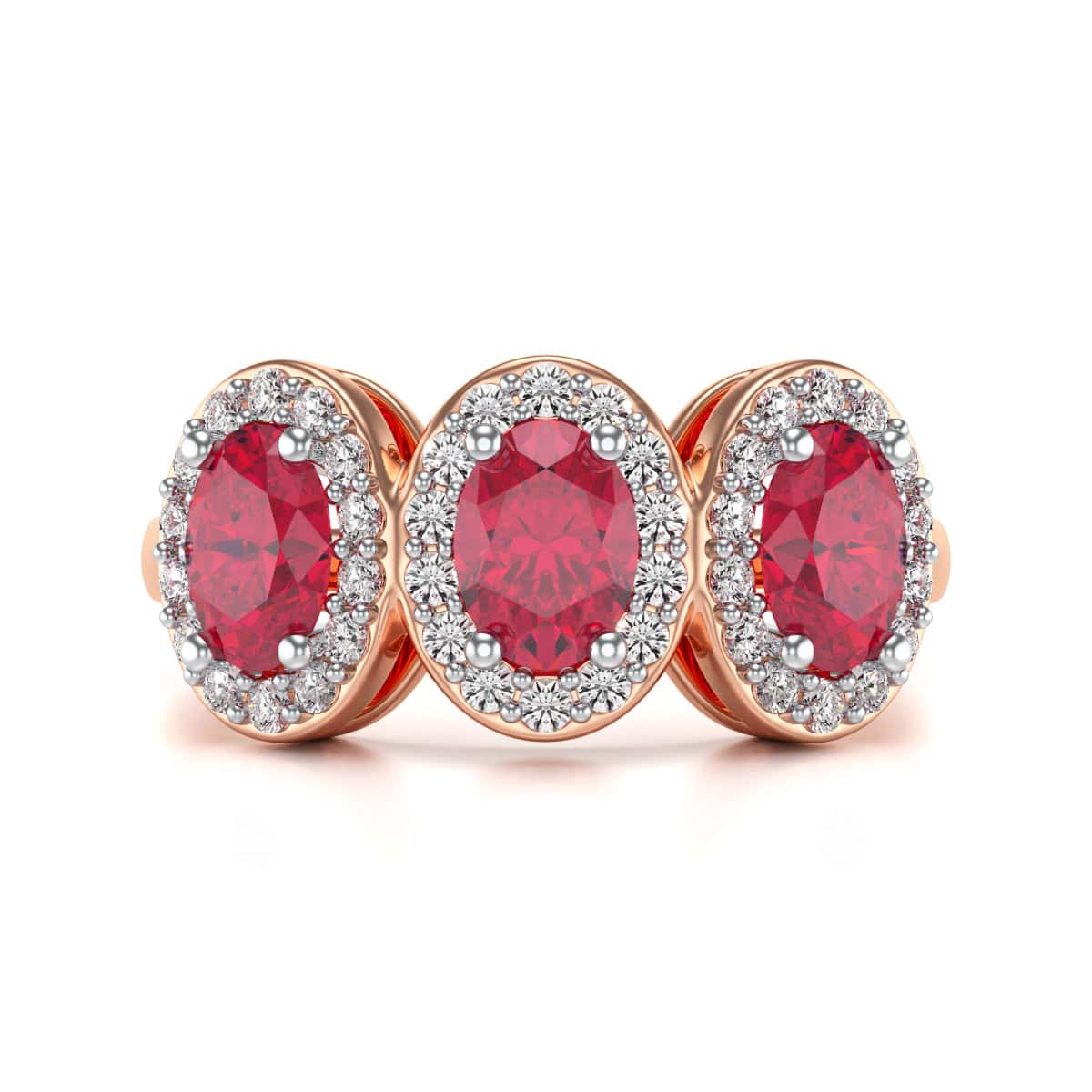 18ct Gold  Diamond Halo 3 Rubies Engagement Ring - Oval Shape - Image 12