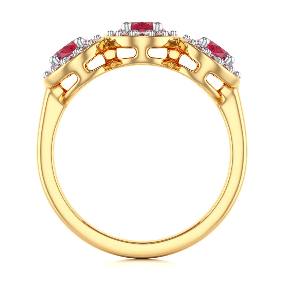 18ct Gold  Diamond Halo 3 Rubies Engagement Ring - Oval Shape - Image 3