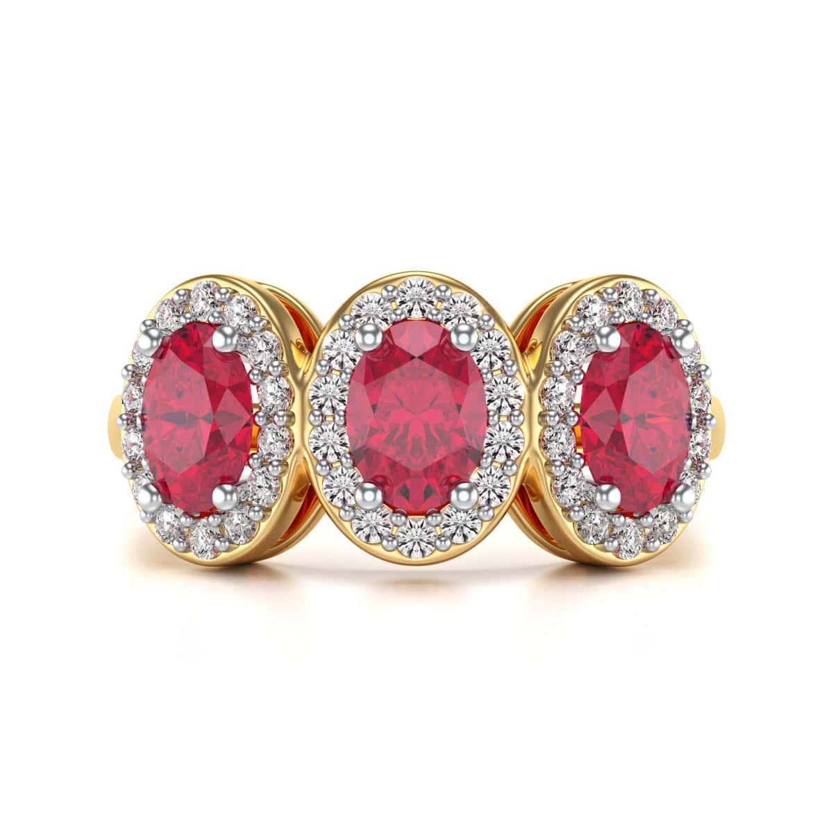 18ct Gold  Diamond Halo 3 Rubies Engagement Ring - Oval Shape - Image 4