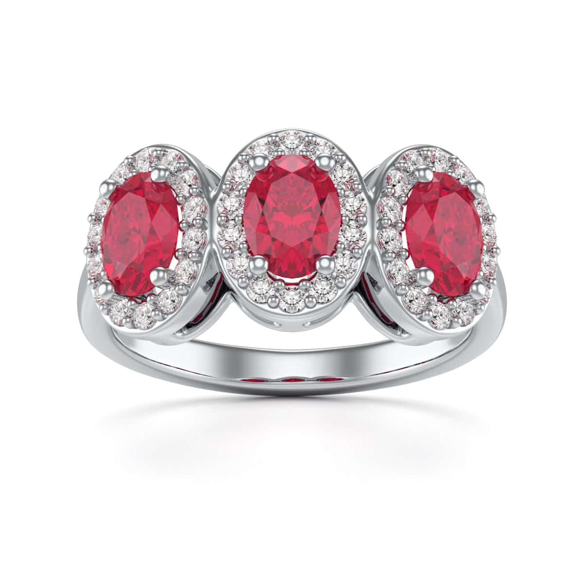 18ct Gold  Diamond Halo 3 Rubies Engagement Ring - Oval Shape - Image 5